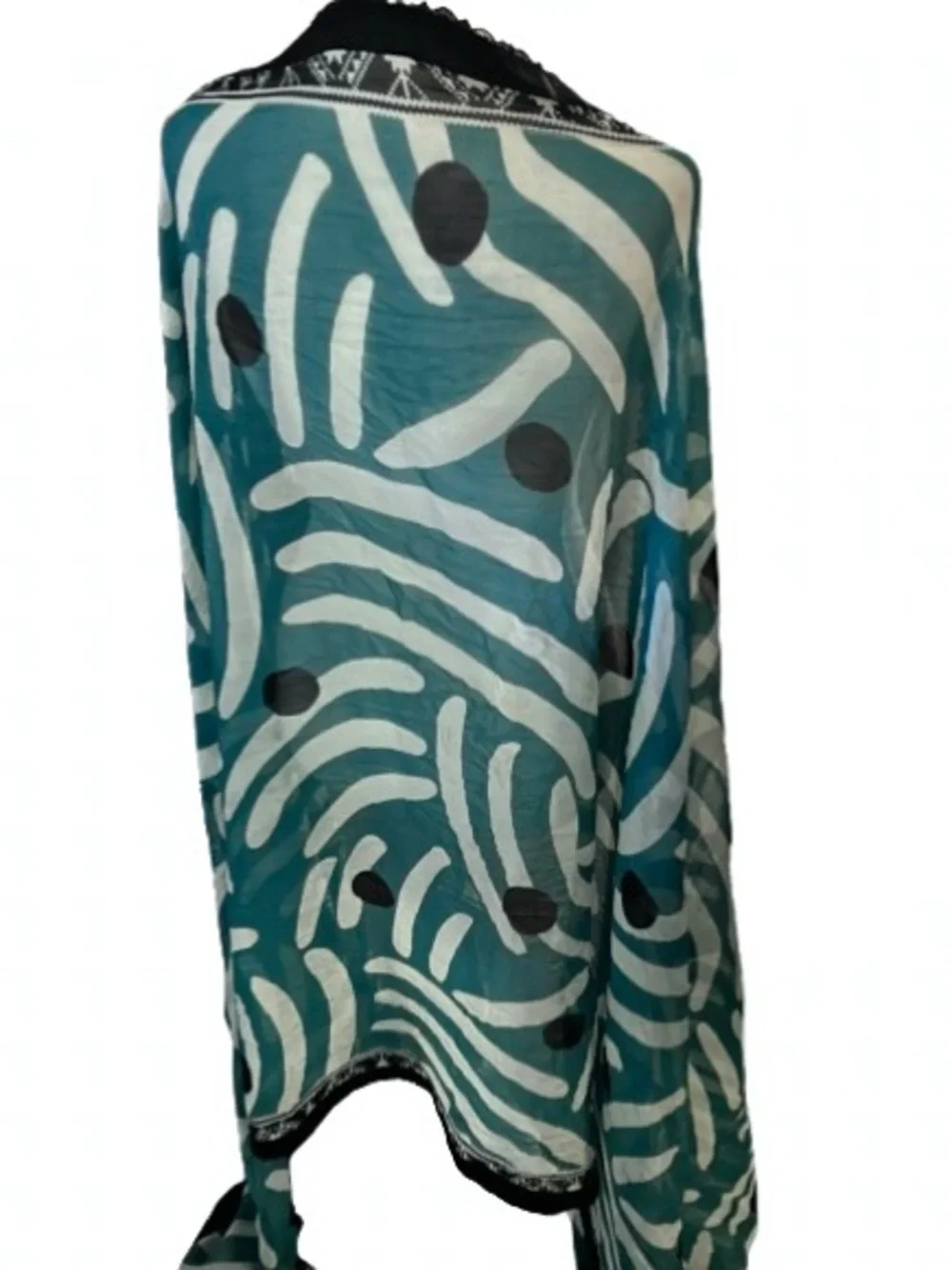 STUNNJNG Extra Long Scarf TEAL & BLACK LACE Sheer Abstract Blue Silk? Boho